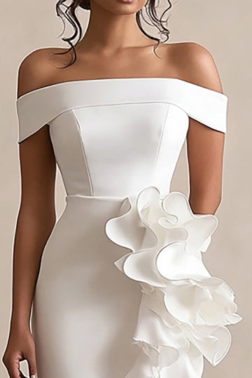 Off the Shoulder White Satin Graduation Dress with Ruffles